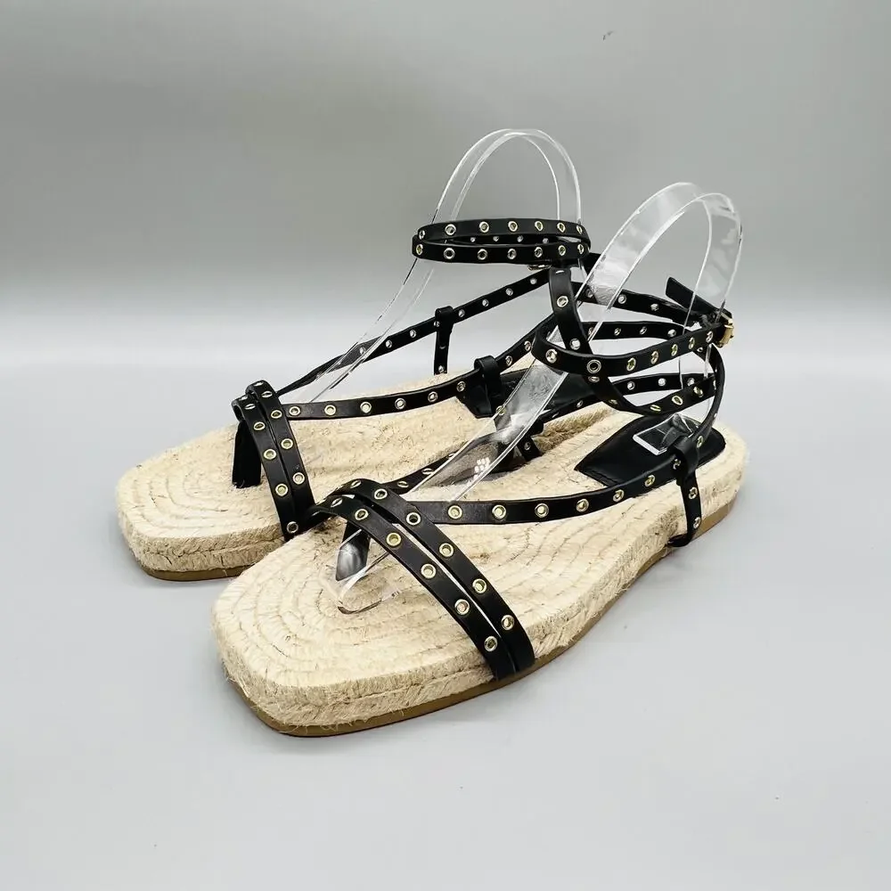 Madewell Sandals Womens 8 Black Leather Studded Strappy Thong Espadrille Shoes